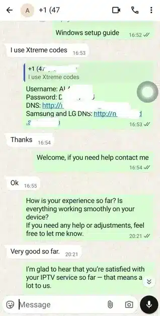 Customer receiving technical support and Xtream codes for their Smartiflix IPTV subscription via WhatsApp chat.