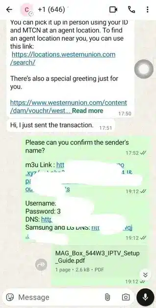 Customer receiving Smartiflix IPTV login credentials and a MAG box setup guide via messaging support.