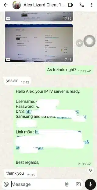 Customer receiving account login details and server links for Smartiflix IPTV via messaging for quick setup.